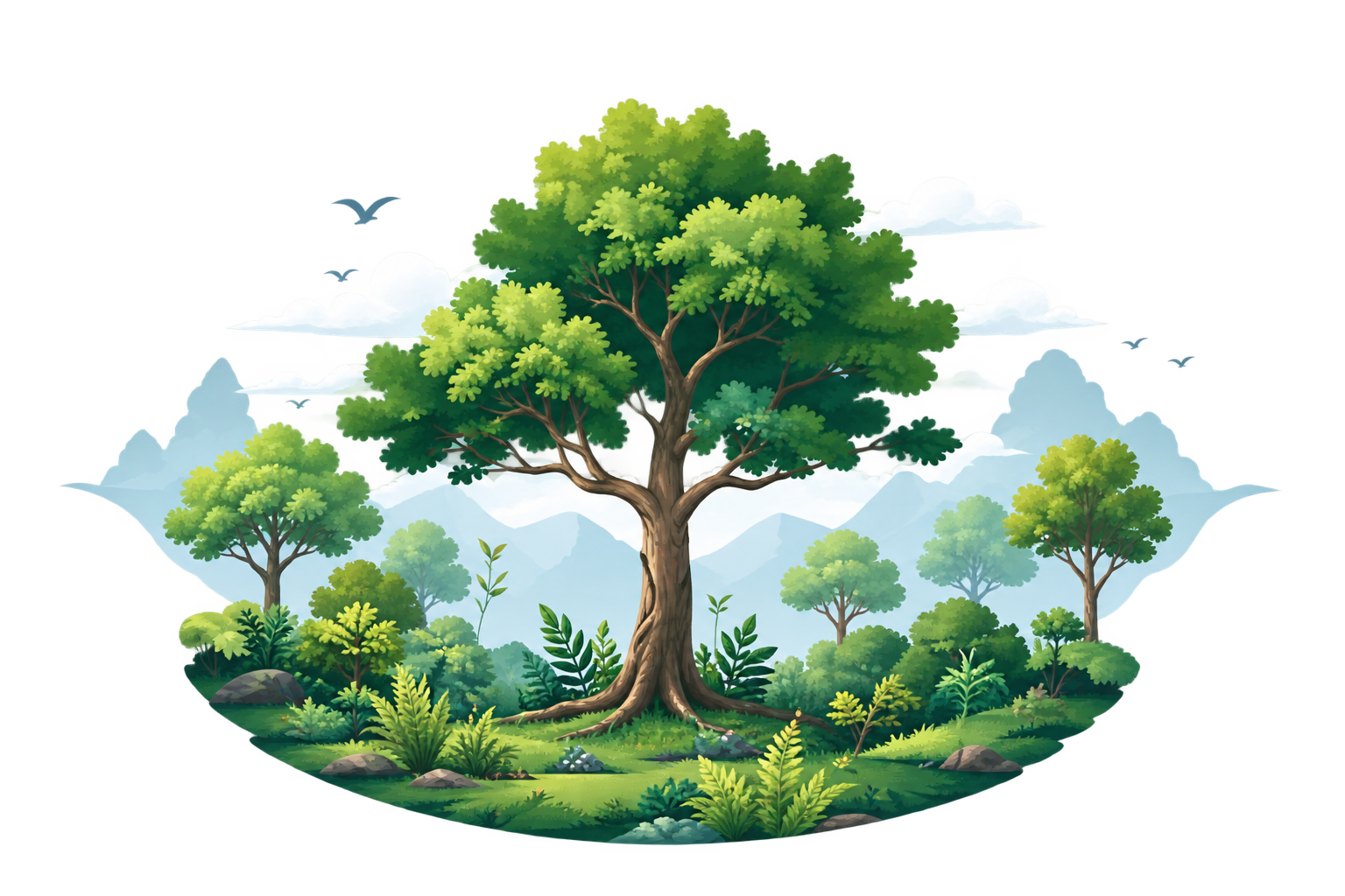 A thriving native tree standing in a restored forest clearing