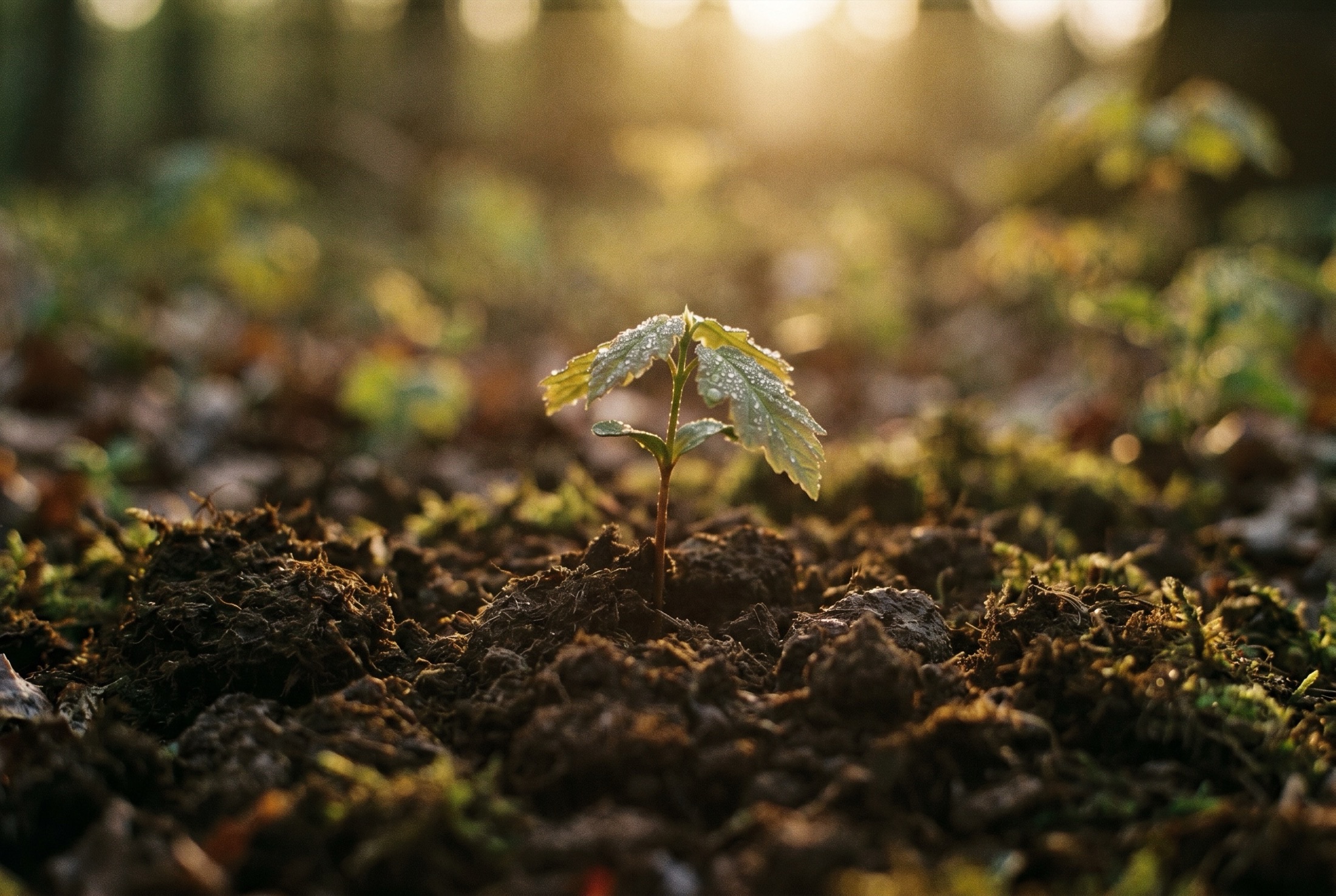 A young sapling growing from dark forest soil