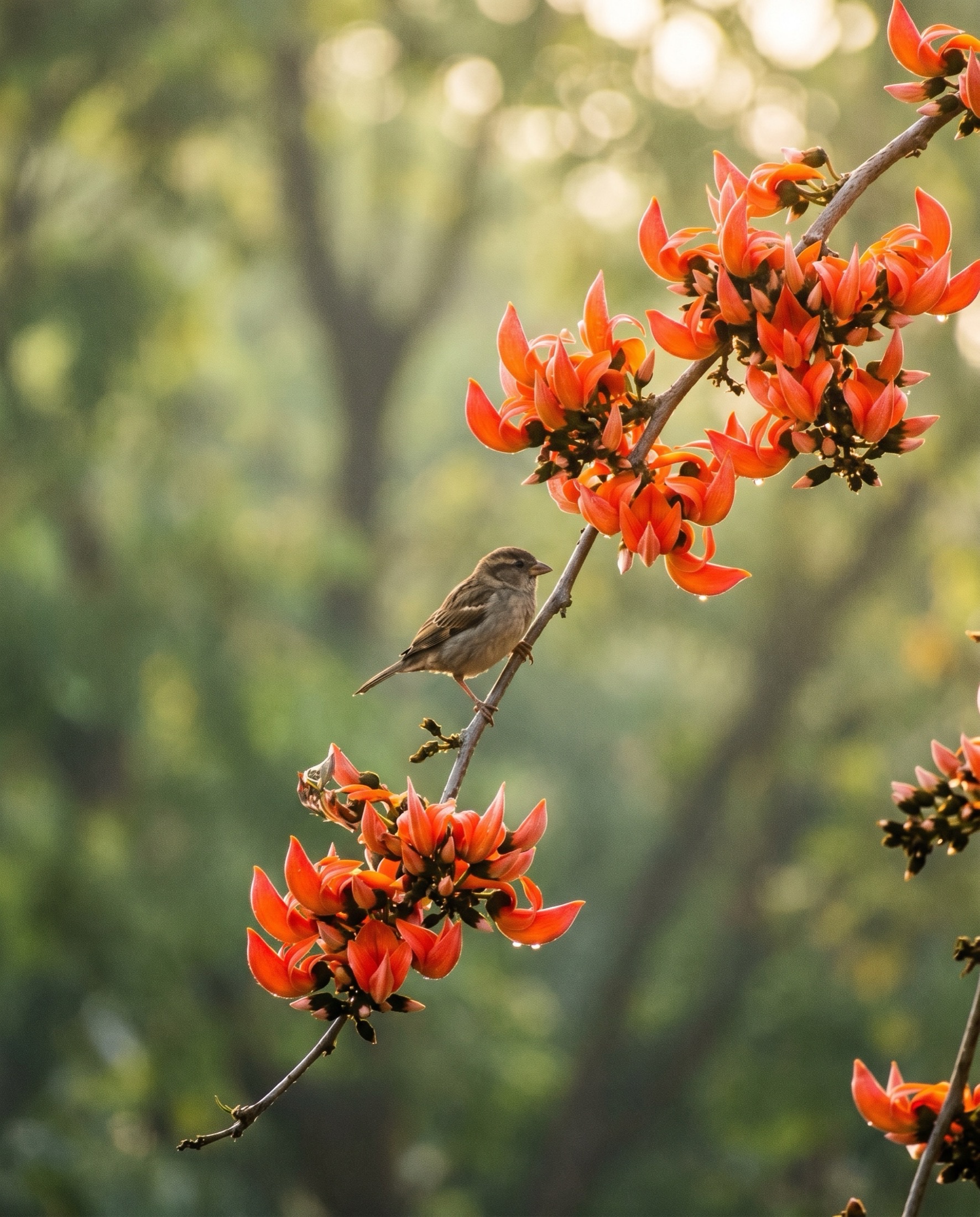 A house sparrow perched among orange blossoms